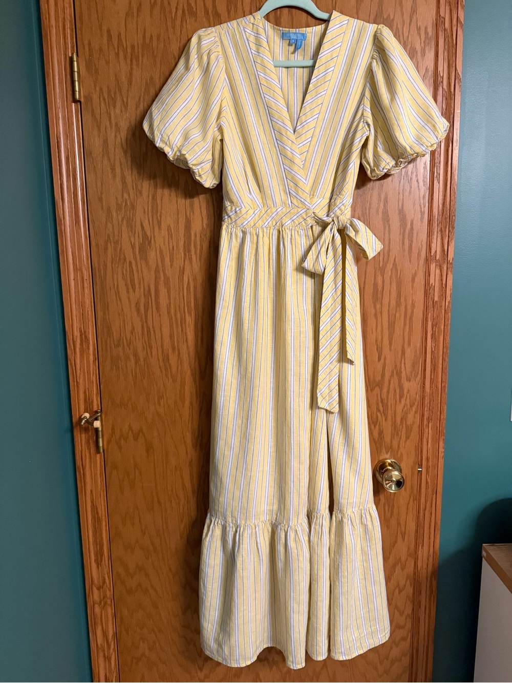 Draper James RSVP Yellow Stripe Linen Blend Wrap Midi Dress Size Small - Picture 2 of 7